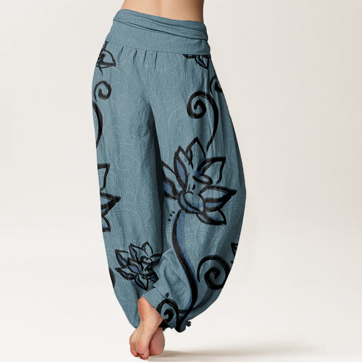 Pantalon sarouel décontracté en pur coton avec Buddha Stones et nuages de bon augure pour femme, taille élastique