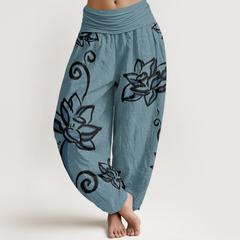 Pantalon sarouel décontracté en pur coton avec Buddha Stones et nuages de bon augure pour femme, taille élastique