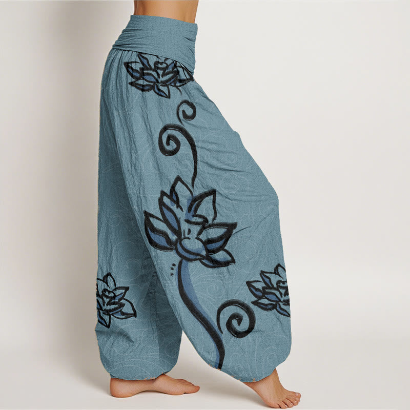 Pantalon sarouel décontracté en pur coton avec Buddha Stones et nuages de bon augure pour femme, taille élastique