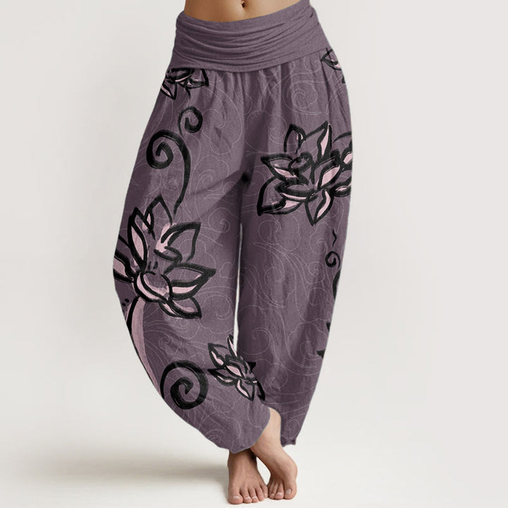 Pantalon sarouel décontracté en pur coton avec Buddha Stones et nuages de bon augure pour femme, taille élastique