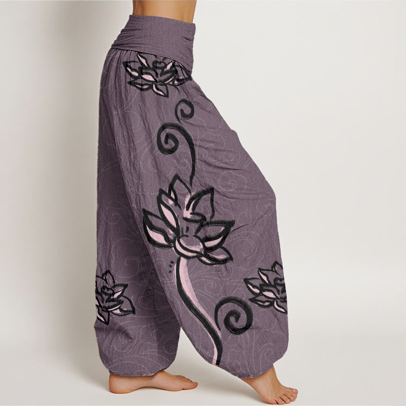 Pantalon sarouel décontracté en pur coton avec Buddha Stones et nuages de bon augure pour femme, taille élastique