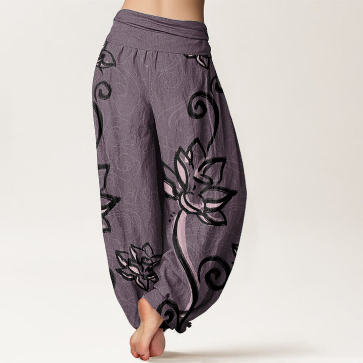 Pantalon sarouel décontracté en pur coton avec Buddha Stones et nuages de bon augure pour femme, taille élastique