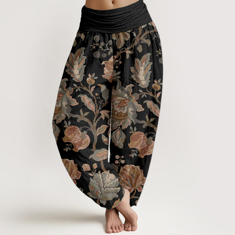 Pantalon Buddha Stones décontracté en pur coton avec motif de fleurs et bourgeons en fleurs pour femme, taille élastique - Noir - US22，UK/AU26，EU54 (6XL) - image 0