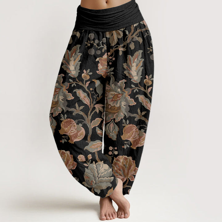 Pantalon Buddha Stones décontracté en pur coton avec motif de fleurs et bourgeons en fleurs pour femme, taille élastique - Noir - US22，UK/AU26，EU54 (6XL) - image 0