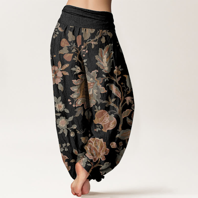 Pantalon Buddha Stones décontracté en pur coton avec motif de fleurs et bourgeons en fleurs pour femme, taille élastique
