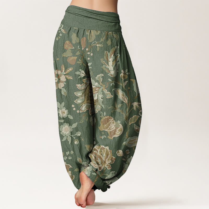Pantalon Buddha Stones décontracté en pur coton avec motif de fleurs et bourgeons en fleurs pour femme, taille élastique