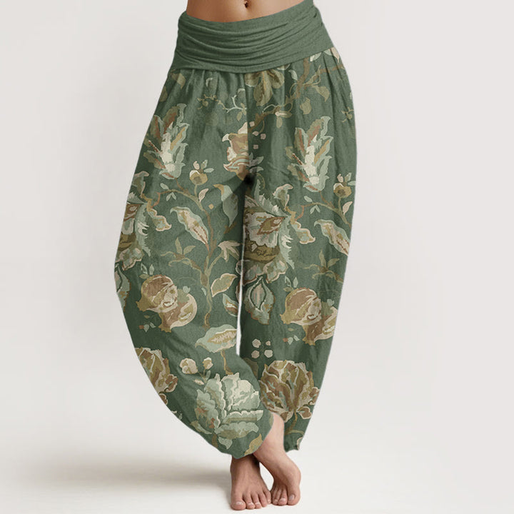 Pantalon Buddha Stones décontracté en pur coton avec motif de fleurs et bourgeons en fleurs pour femme, taille élastique