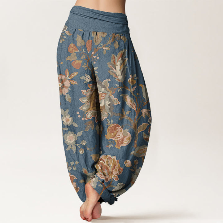 Pantalon Buddha Stones décontracté en pur coton avec motif de fleurs et bourgeons en fleurs pour femme, taille élastique
