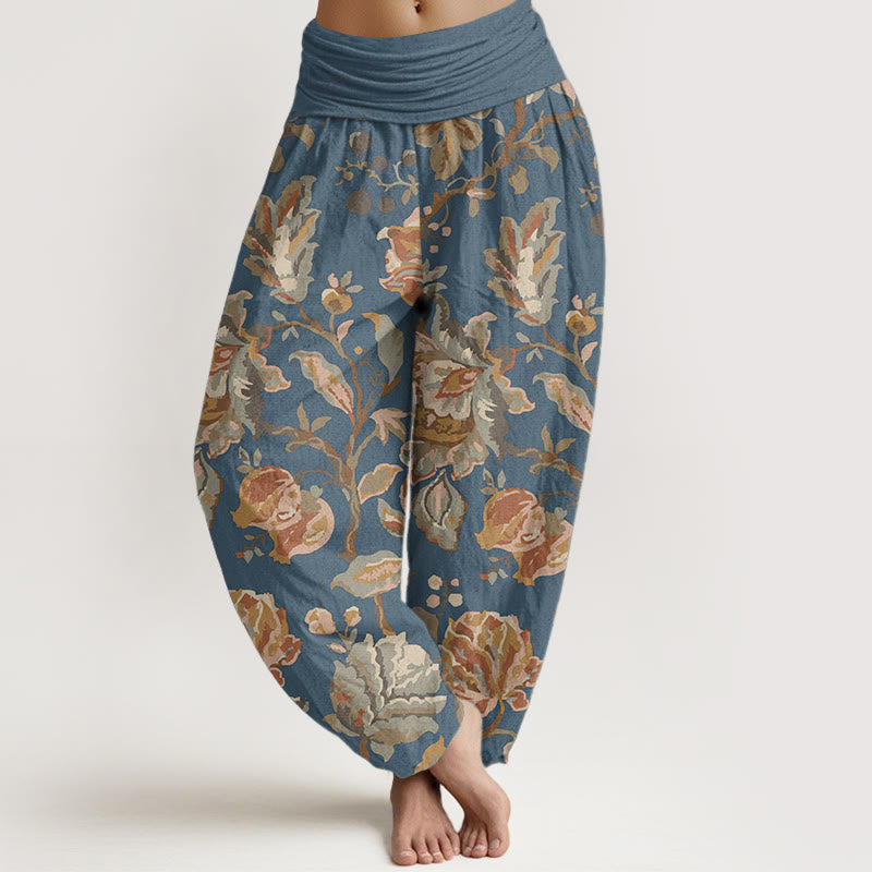 Pantalon Buddha Stones décontracté en pur coton avec motif de fleurs et bourgeons en fleurs pour femme, taille élastique
