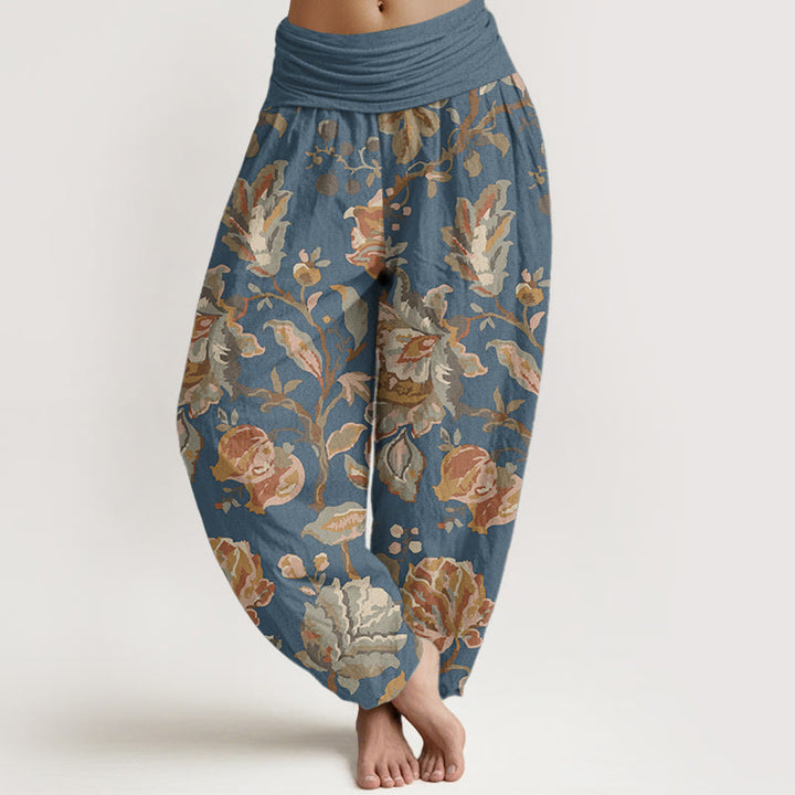 Pantalon Buddha Stones décontracté en pur coton avec motif de fleurs et bourgeons en fleurs pour femme, taille élastique