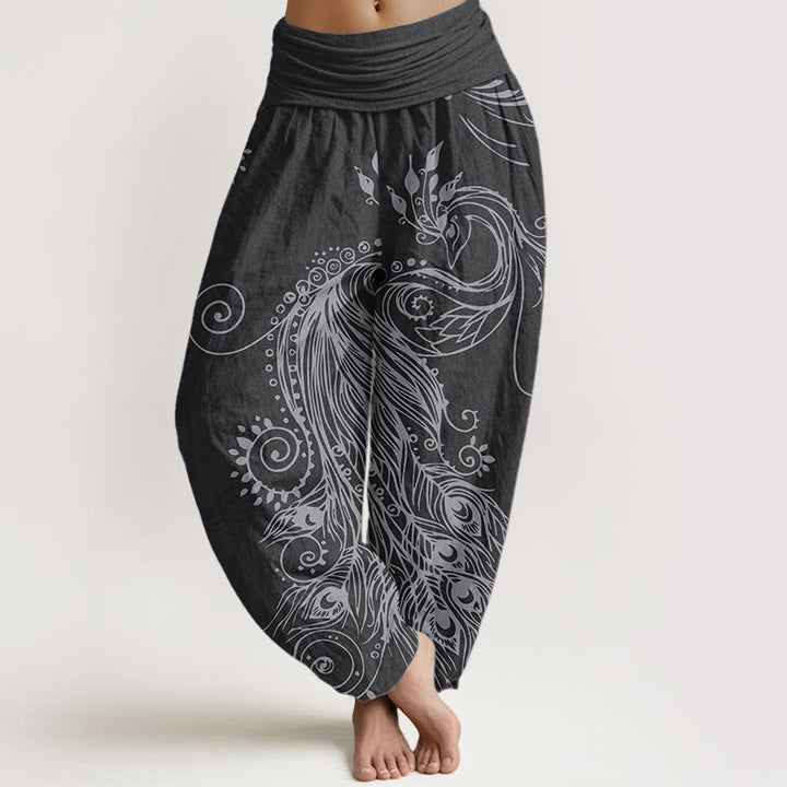 Pantalon Buddha Stones décontracté en pur coton avec motif paon et taille élastique pour femme