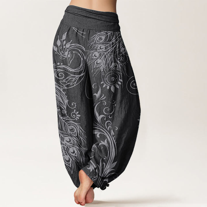 Pantalon Buddha Stones décontracté en pur coton avec motif paon et taille élastique pour femme