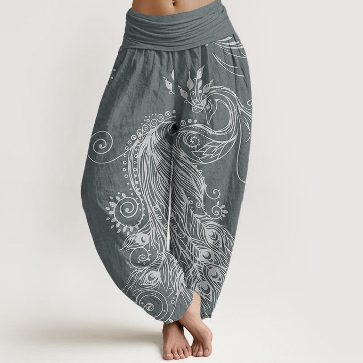 Pantalon Buddha Stones décontracté en pur coton avec motif paon et taille élastique pour femme