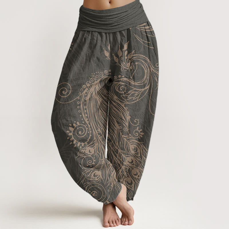 Pantalon Buddha Stones décontracté en pur coton avec motif paon et taille élastique pour femme