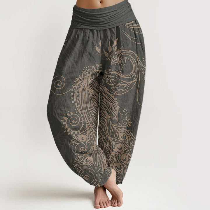 Pantalon Buddha Stones décontracté en pur coton avec motif paon et taille élastique pour femme