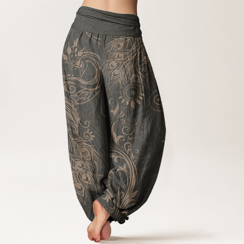 Pantalon Buddha Stones décontracté en pur coton avec motif paon et taille élastique pour femme