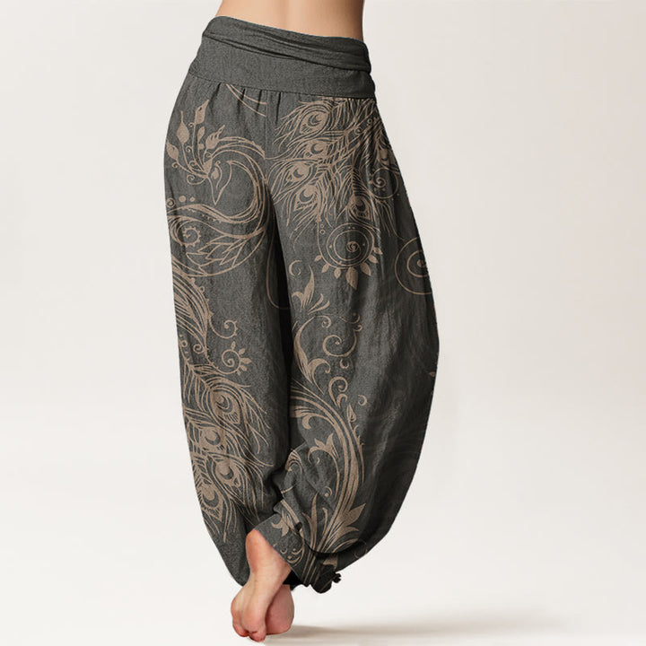 Pantalon Buddha Stones décontracté en pur coton avec motif paon et taille élastique pour femme