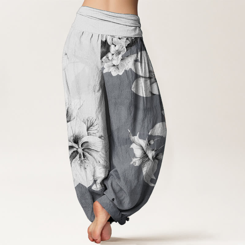 Pantalon sarouel femme en pur coton à motif camélia et taille élastique avec Buddha Stones