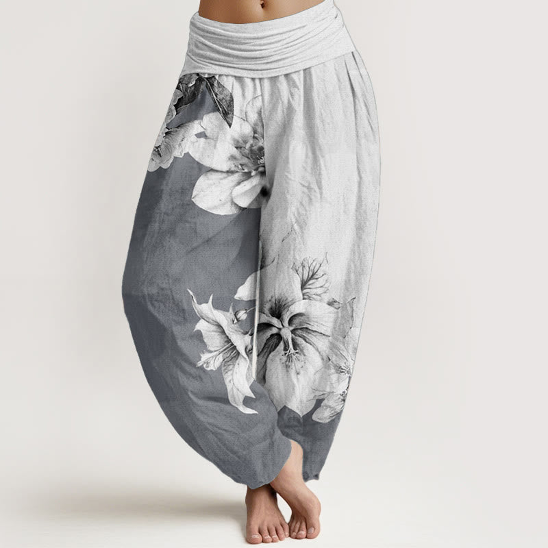 Pantalon sarouel femme en pur coton à motif camélia et taille élastique avec Buddha Stones