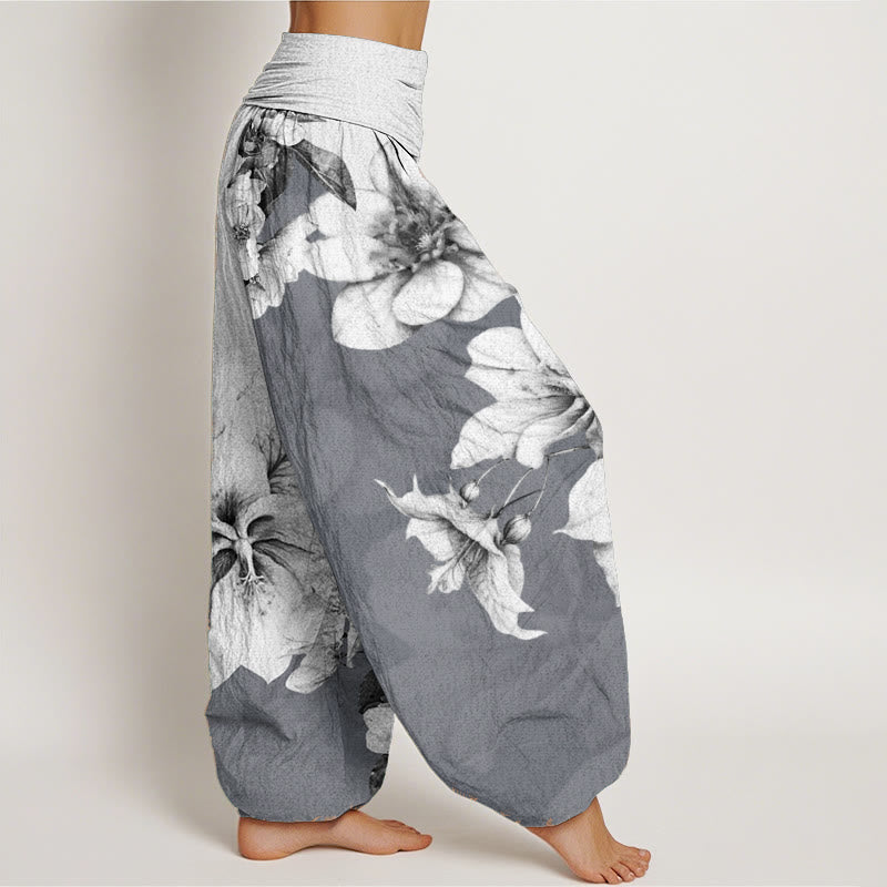 Pantalon sarouel femme en pur coton à motif camélia et taille élastique avec Buddha Stones