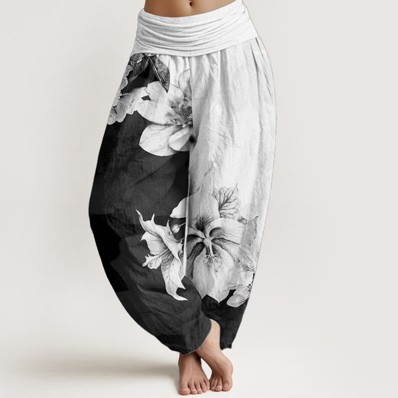 Pantalon sarouel femme en pur coton à motif camélia et taille élastique avec Buddha Stones - WhiteSmoke - US22，UK/AU26，EU54 (6XL) - image 0