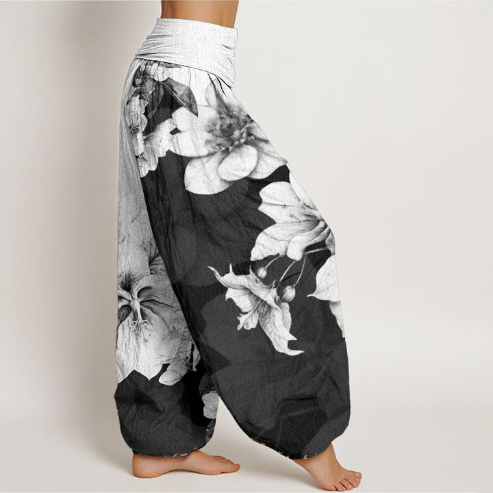 Pantalon sarouel femme en pur coton à motif camélia et taille élastique avec Buddha Stones
