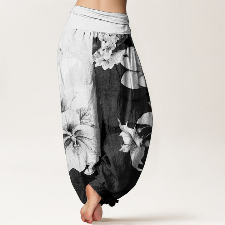 Pantalon sarouel femme en pur coton à motif camélia et taille élastique avec Buddha Stones