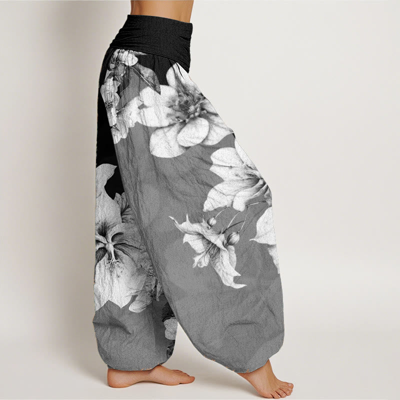 Pantalon sarouel femme en pur coton à motif camélia et taille élastique avec Buddha Stones