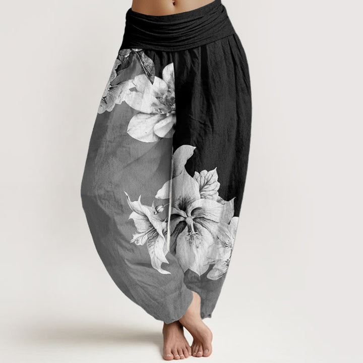 Pantalon sarouel femme en pur coton à motif camélia et taille élastique avec Buddha Stones - Noir - US22，UK/AU26，EU54 (6XL) - image 9