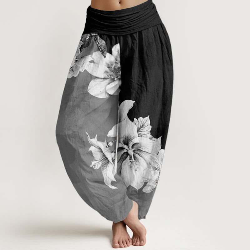 Pantalon sarouel femme en pur coton à motif camélia et taille élastique avec Buddha Stones