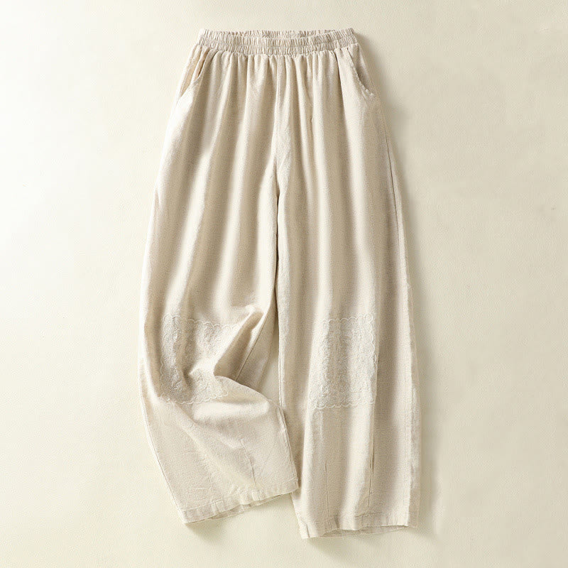 Pantalon Buddha Stones en coton et lin pour femme, style décontracté, vintage, avec broderies et motifs cachemire, avec poches - Blanc antique - US8-10，UK/AU12-14，EU40-42 (2XL) - image 6