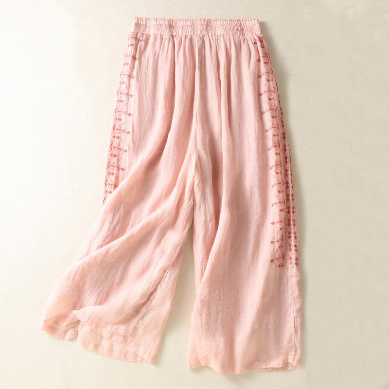 Pantalon large taille haute en coton et lin avec cordon de serrage et broderie ethnique Buddha Stones pour femme, avec poches