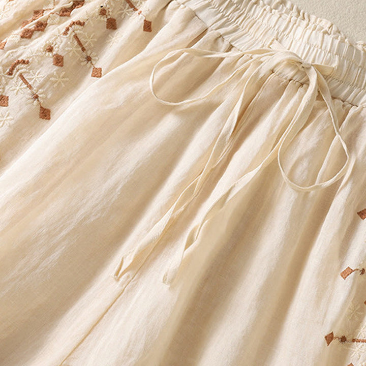 Pantalon large taille haute en coton et lin avec cordon de serrage et broderie ethnique Buddha Stones pour femme, avec poches