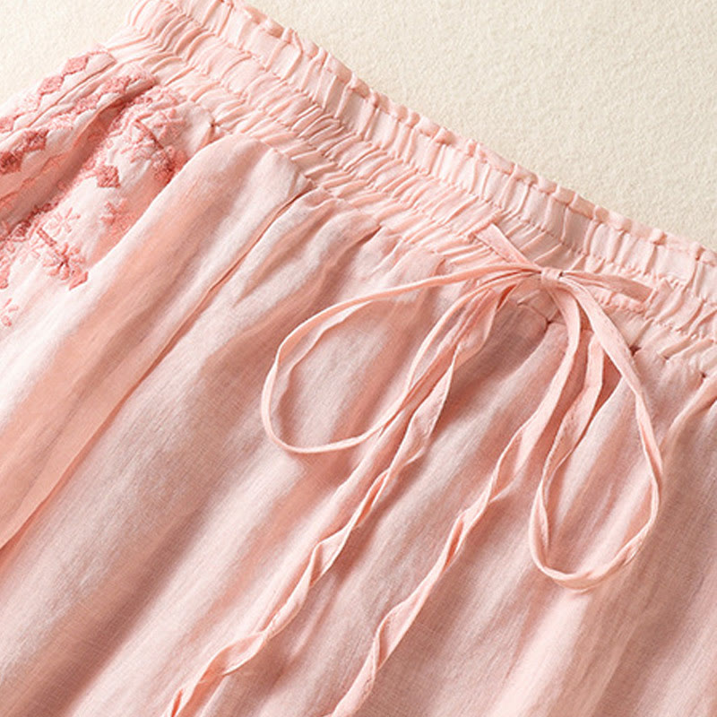 Pantalon large taille haute en coton et lin avec cordon de serrage et broderie ethnique Buddha Stones pour femme, avec poches - image 8