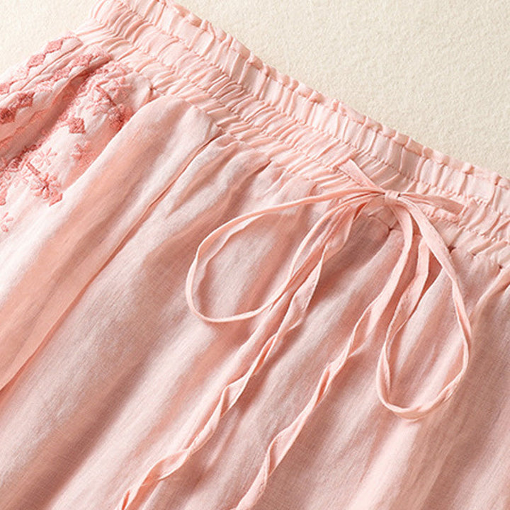 Pantalon large taille haute en coton et lin avec cordon de serrage et broderie ethnique Buddha Stones pour femme, avec poches - image 8