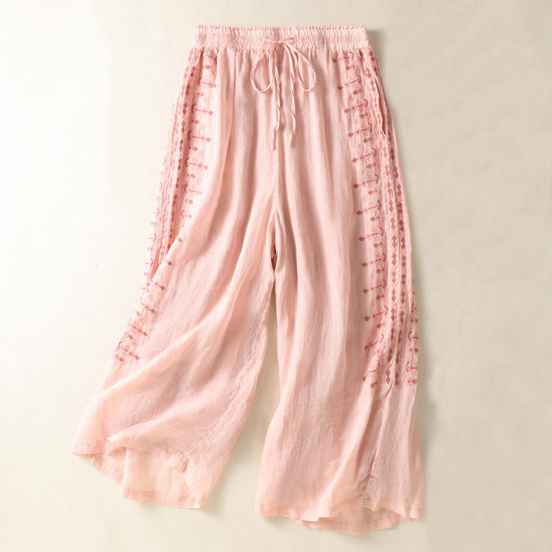 Pantalon large taille haute en coton et lin avec cordon de serrage et broderie ethnique Buddha Stones pour femme, avec poches