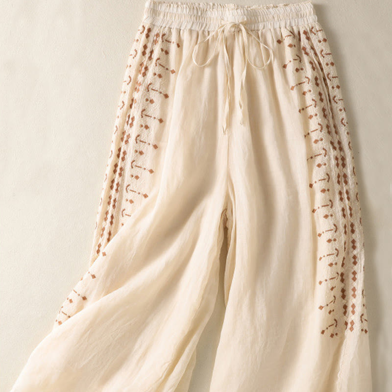 Pantalon large taille haute en coton et lin avec cordon de serrage et broderie ethnique Buddha Stones pour femme, avec poches