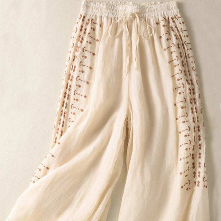 Pantalon large taille haute en coton et lin avec cordon de serrage et broderie ethnique Buddha Stones pour femme, avec poches