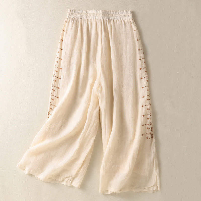 Pantalon large taille haute en coton et lin avec cordon de serrage et broderie ethnique Buddha Stones pour femme, avec poches - LemonChiffon - US8-10，UK/AU12-14，EU40-42 (2XL) - image 0