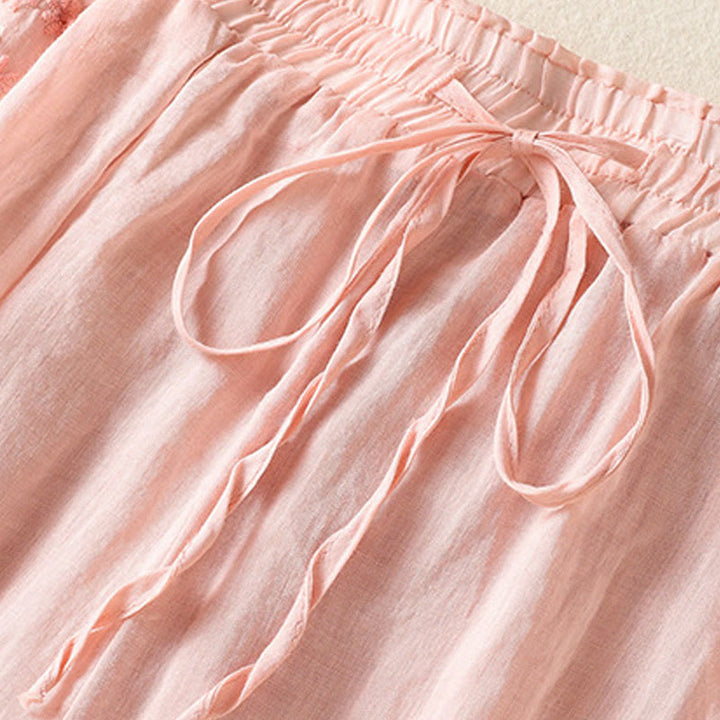 Pantalon large taille haute en coton et lin avec cordon de serrage et broderie ethnique Buddha Stones pour femme, avec poches - image 10