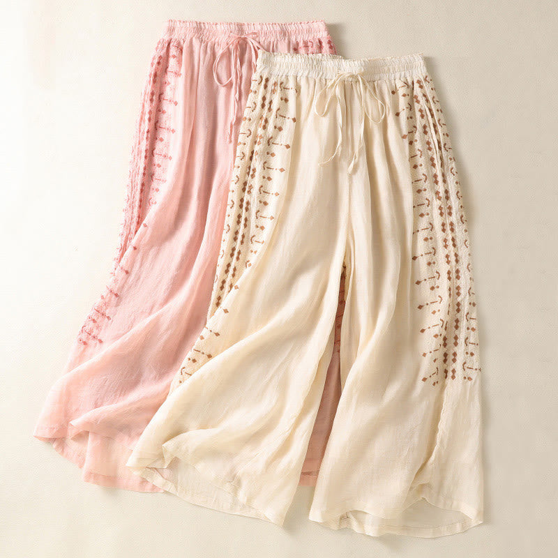 Pantalon large taille haute en coton et lin avec cordon de serrage et broderie ethnique Buddha Stones pour femme, avec poches