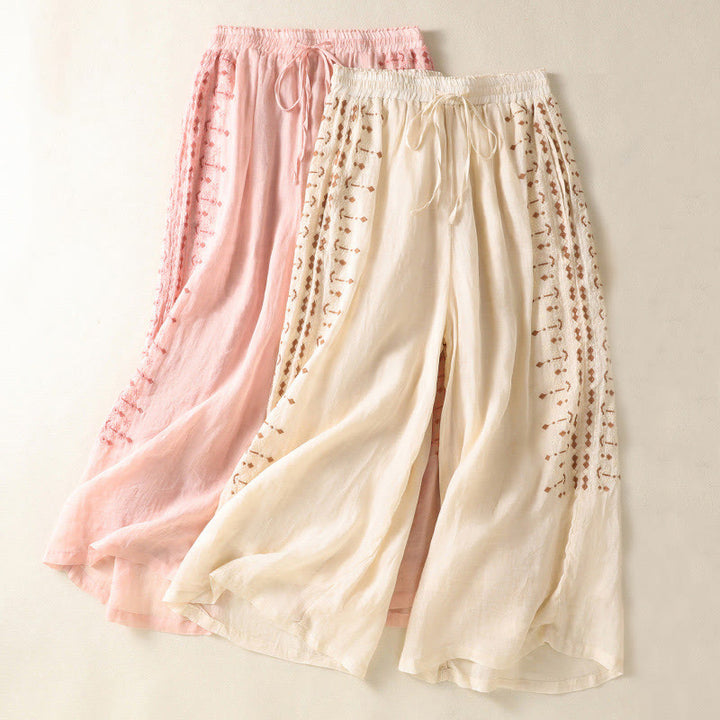 Pantalon large taille haute en coton et lin avec cordon de serrage et broderie ethnique Buddha Stones pour femme, avec poches