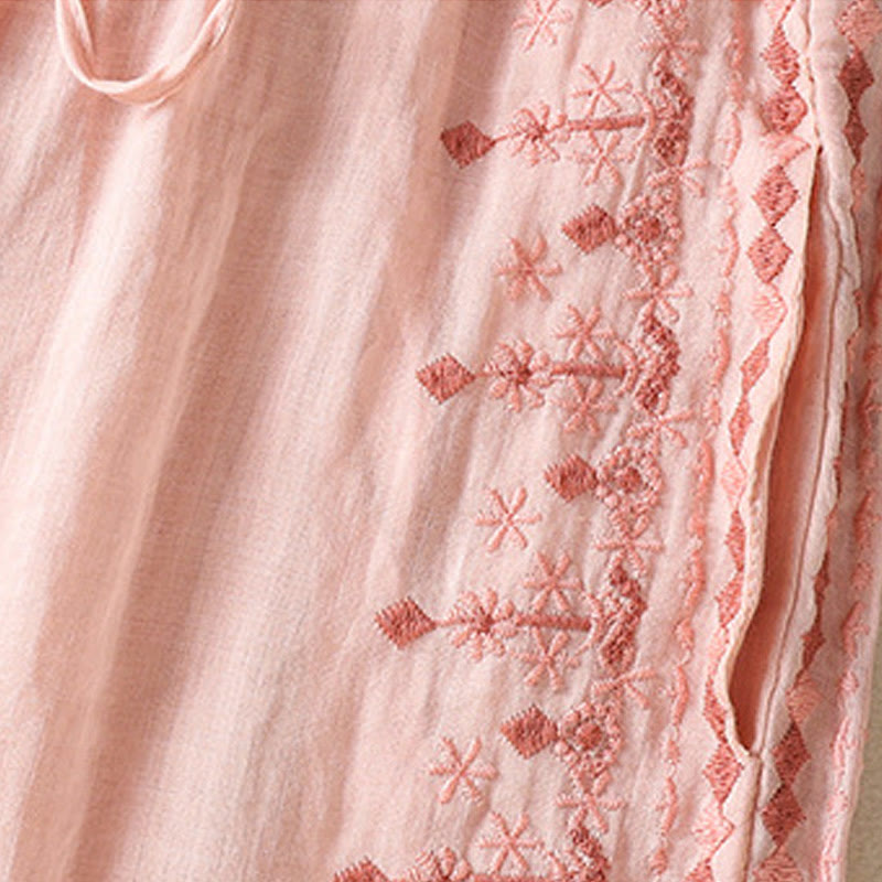 Pantalon large taille haute en coton et lin avec cordon de serrage et broderie ethnique Buddha Stones pour femme, avec poches - image 11