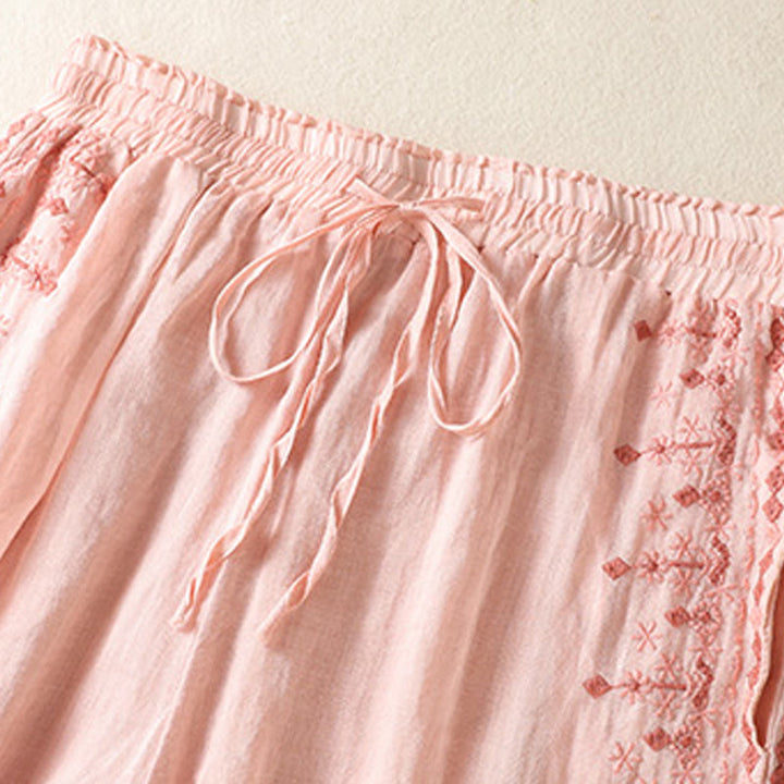 Pantalon large taille haute en coton et lin avec cordon de serrage et broderie ethnique Buddha Stones pour femme, avec poches - image 9