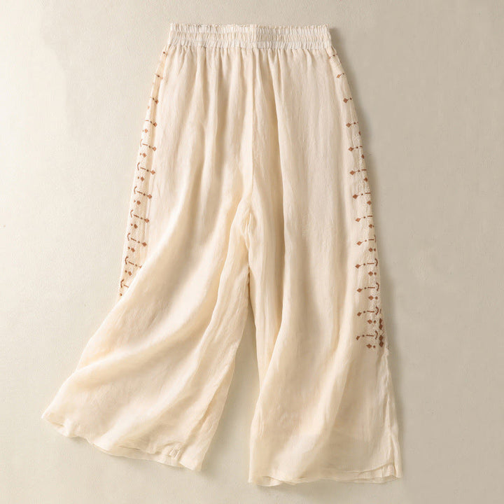 Pantalon large taille haute en coton et lin avec cordon de serrage et broderie ethnique Buddha Stones pour femme, avec poches