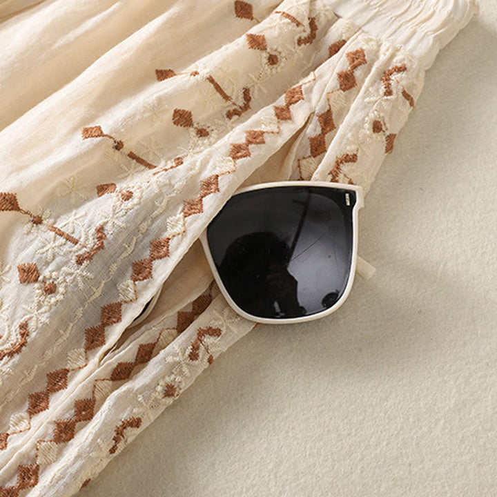 Pantalon large taille haute en coton et lin avec cordon de serrage et broderie ethnique Buddha Stones pour femme, avec poches - image 4