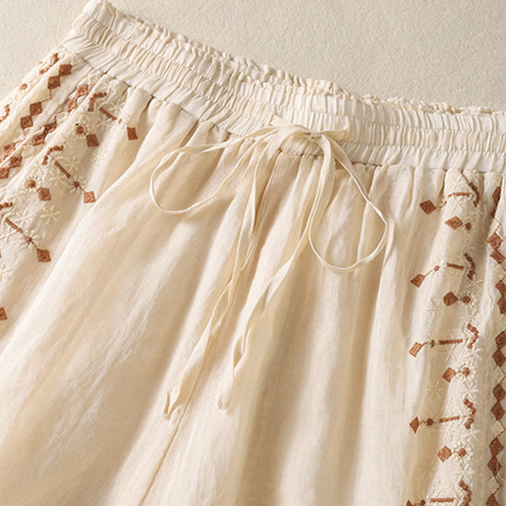 Pantalon large taille haute en coton et lin avec cordon de serrage et broderie ethnique Buddha Stones pour femme, avec poches