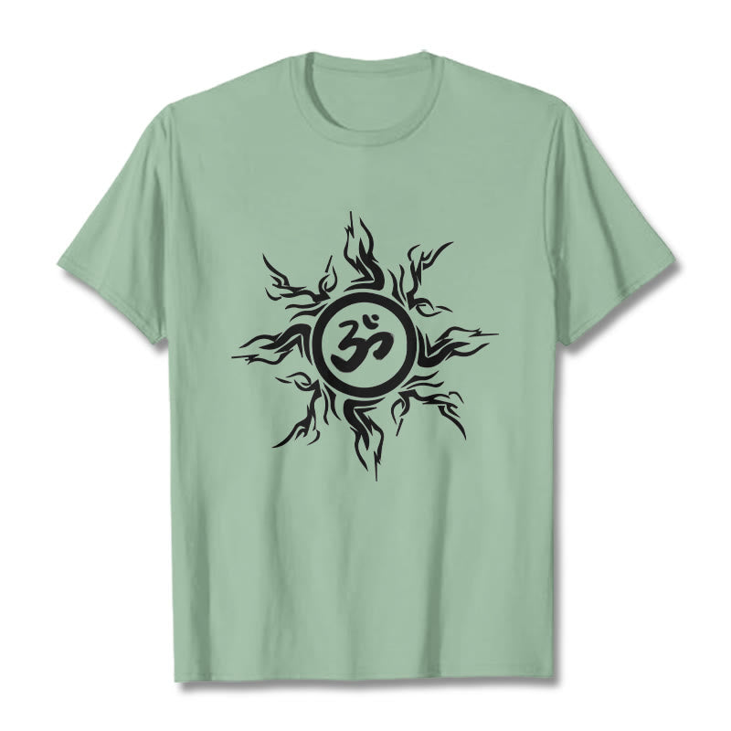 T-shirt en coton avec motif de Buddha Stones et de soleil entourant un symbole Om - Vert pâle - 2XL - image 14