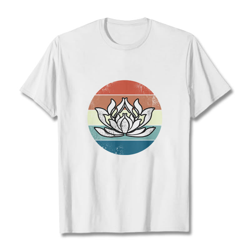 T-shirt en coton à rayures colorées avec Buddha Stones et lotus en fleurs - Blanc - 2XL - image 6