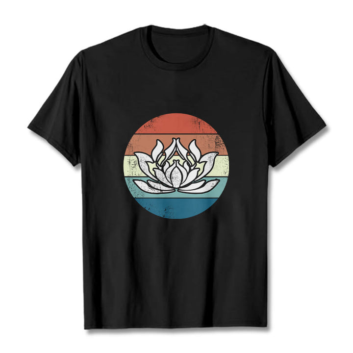 T-shirt en coton à rayures colorées avec Buddha Stones et lotus en fleurs - Noir - 2XL - image 0